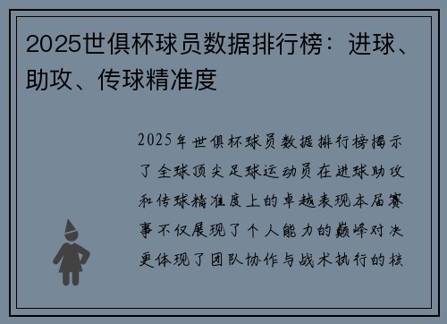 2025世俱杯球员数据排行榜：进球、助攻、传球精准度