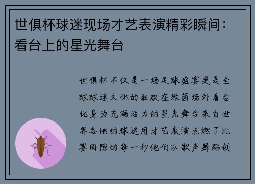 世俱杯球迷现场才艺表演精彩瞬间：看台上的星光舞台